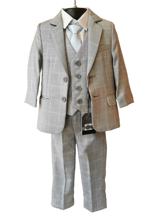 Boys Light Grey Check 5 Piece Suit