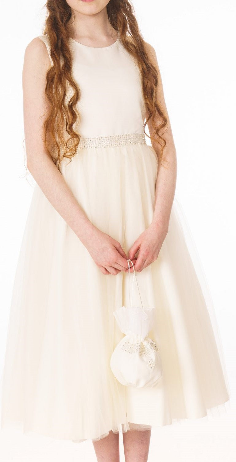 Girls Diamond Strip dress with Bag in IVORY or WHITE