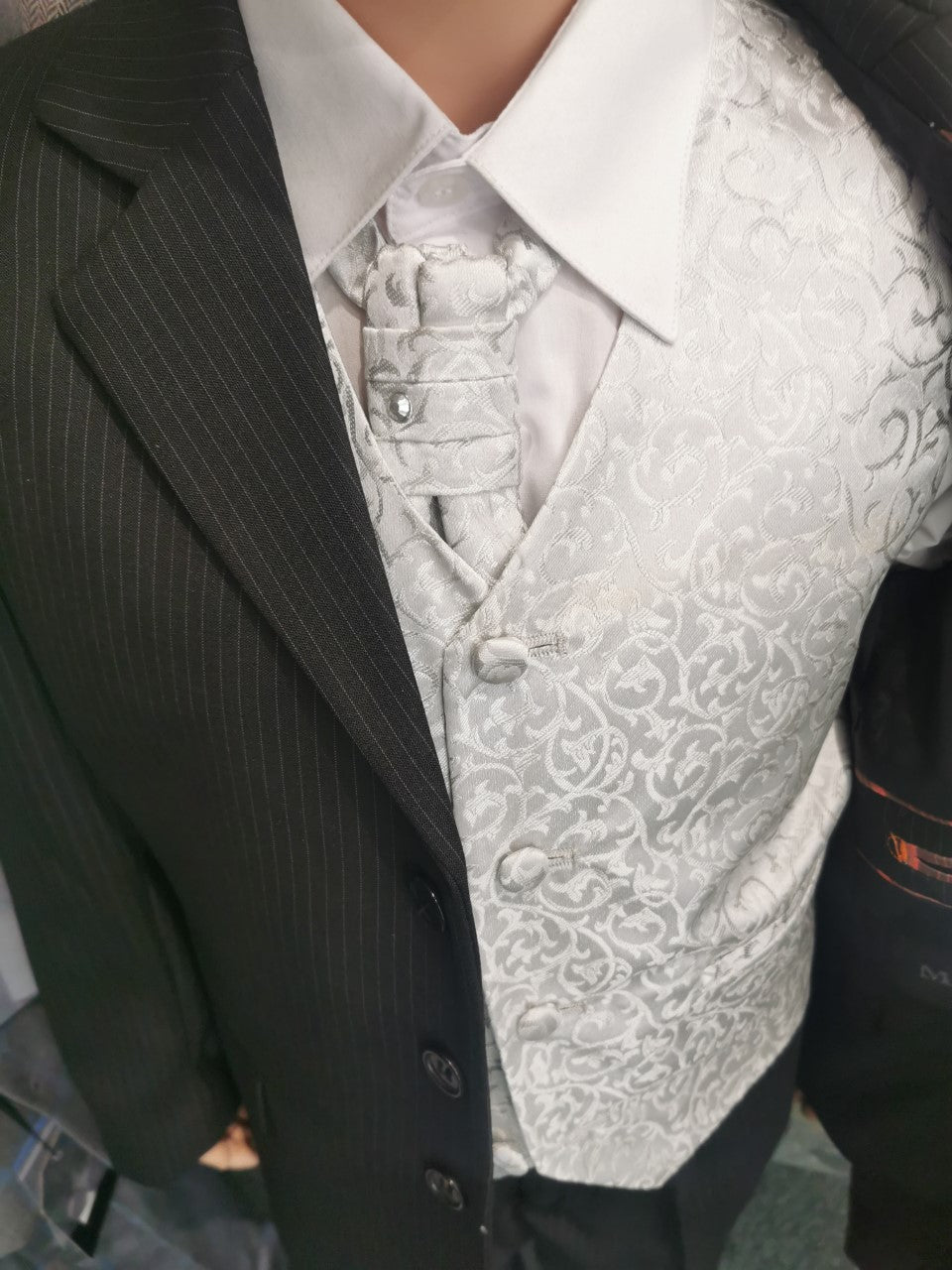 Boys Charcoal Grey 5 Piece Suit Silver Waistcoat & Cravat