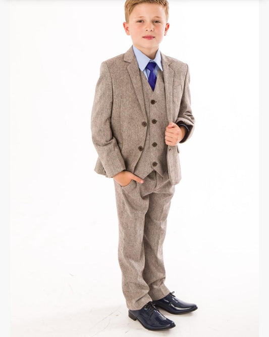 Boys Beige Tweed Check 4 OR 5 Piece Suit