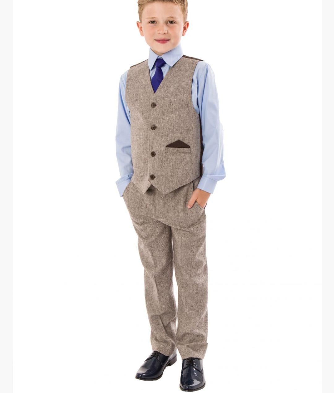Boys Beige Tweed Check 4 OR 5 Piece Suit