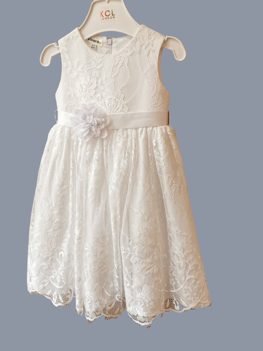 Girls Lace dress with Flower Corsage WHITE 2-3 & 9-10