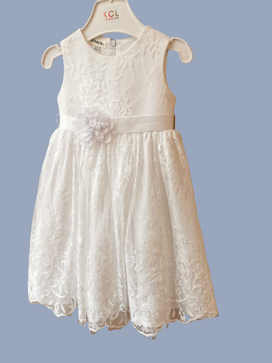 Girls Lace dress with Flower Corsage WHITE 2-3 & 9-10