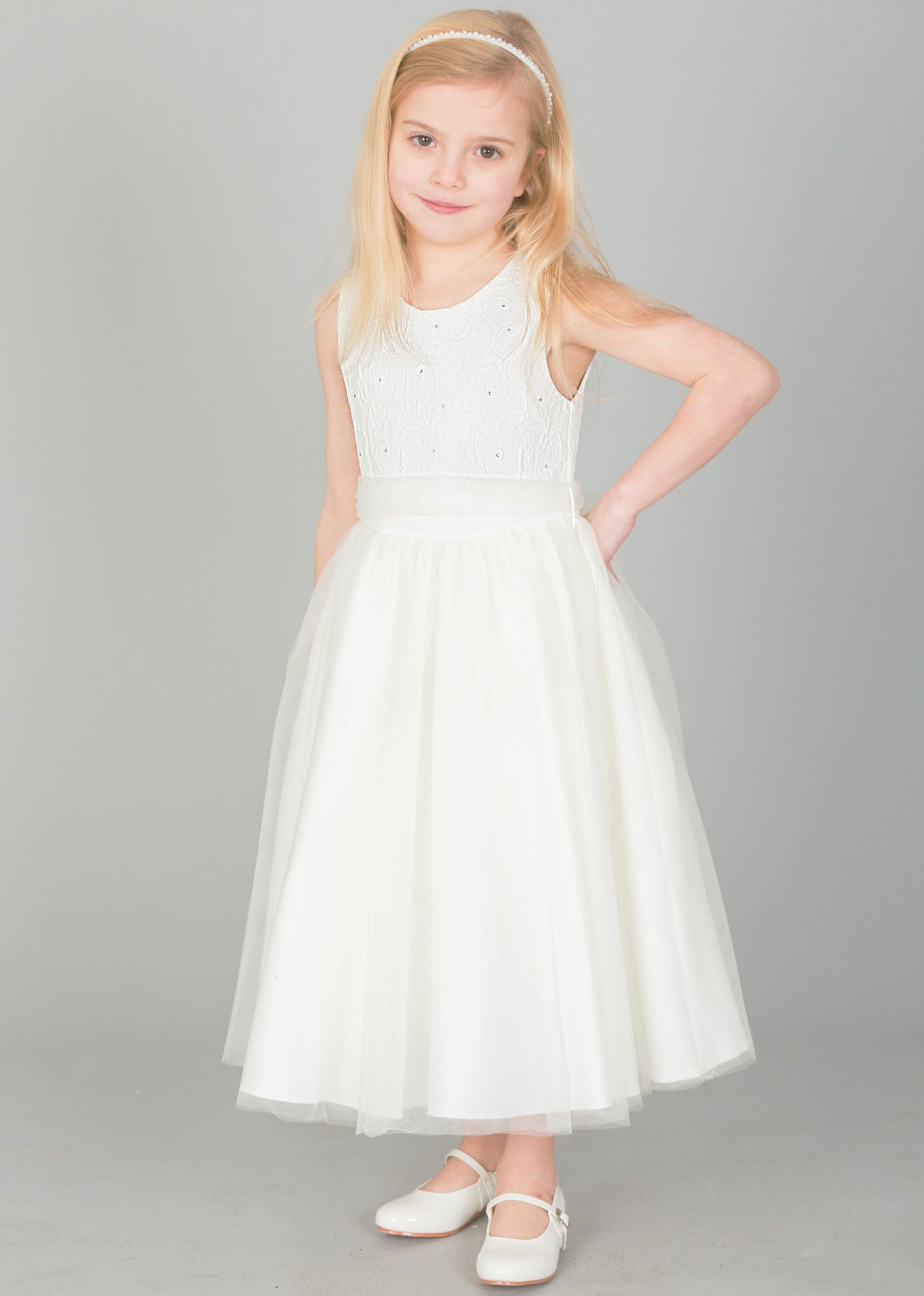 Girls Ivory Flower diamond dress with ivory belt